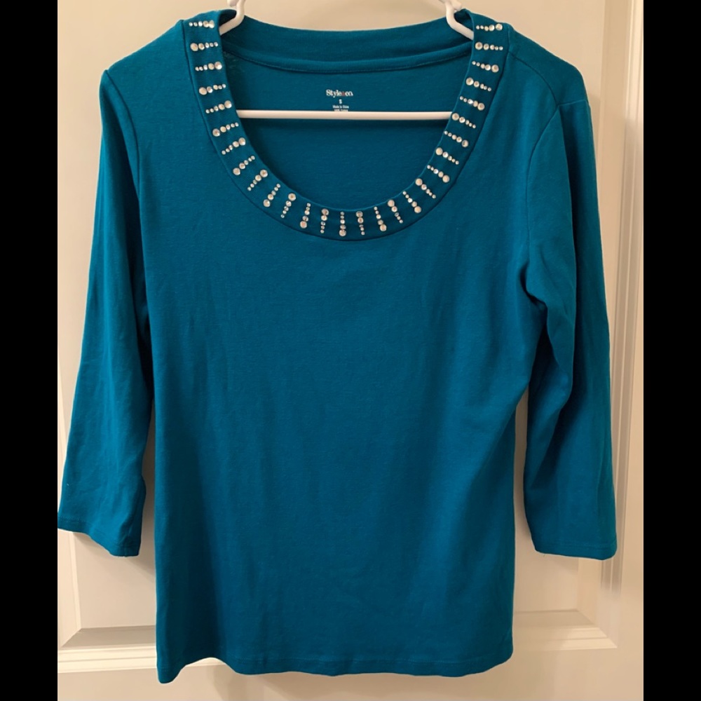 Style&co Teal Scoop Neck Jeweled 3/4 Sleeve Women’s Top Size Small